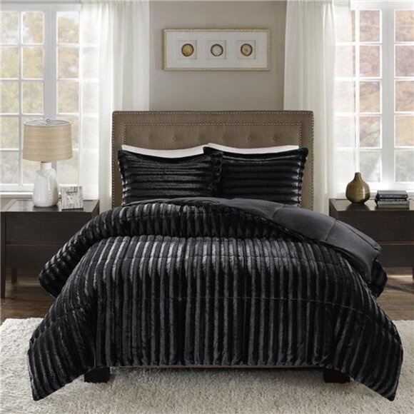 Faux Fur Reversible Comforter Set, Down Alternative Filling, Modern Quilted - Picture 4 of 5
